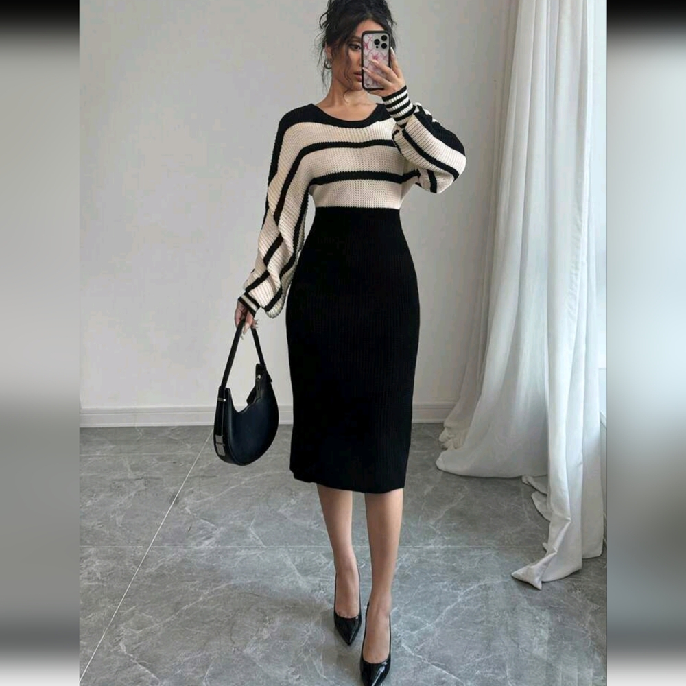 Women's Elegant Knitted Sweater Dress With Round Neck, Long Sleeves, Striped, Dr - Picture 1 of 6
